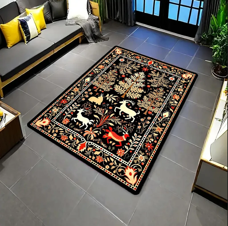 Vintage Black Beige Floral Area Rug Boho Botanical Print NonSlip Washable Floor Mat for Living Room Bedroom Home Decor