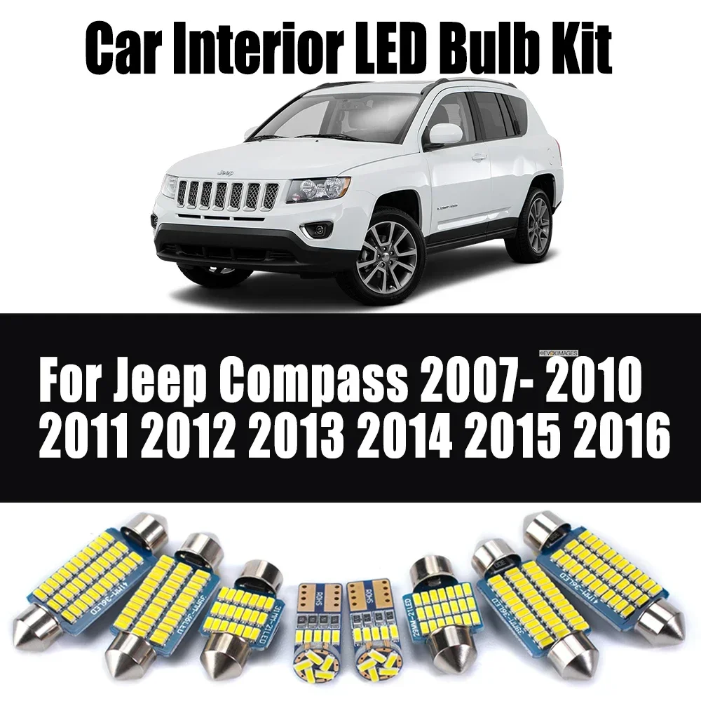 9Pcs For Jeep Compass 2007-2013 2014 2015 2016 Map Dome Trunk Bulb Car Accessories LED Interior Reading License Plate Light Kit