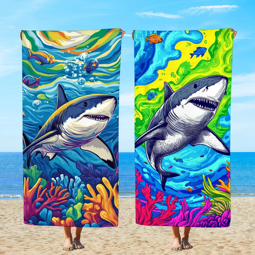 Towel Textile Bathrobe Cartoon Beach Quick-Drying Lightweight Art Shark Portable Camping Swim Pool Travel