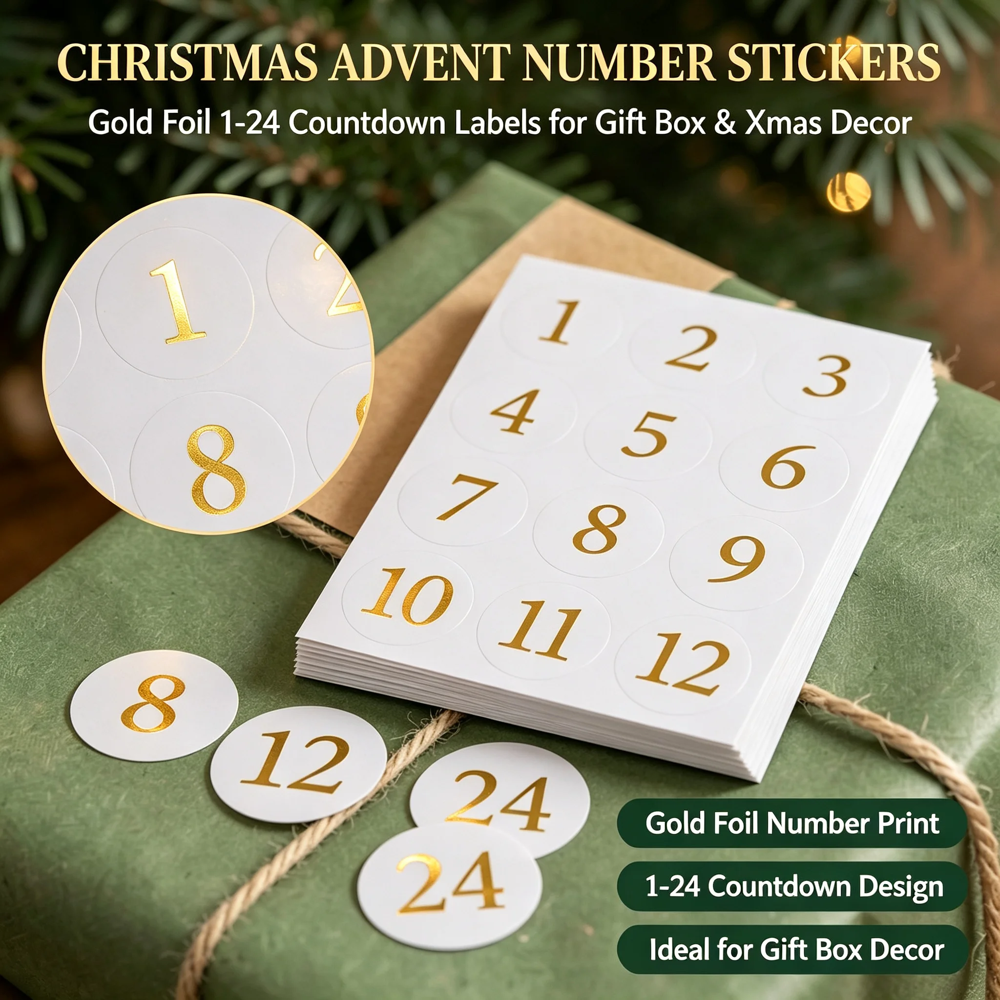 20 Sets Gold Foil Christmas Advent Calendar Number Stickers 1-24 Numbers Self Adhesive Labels for Xmas Gift Box Countdown Decor