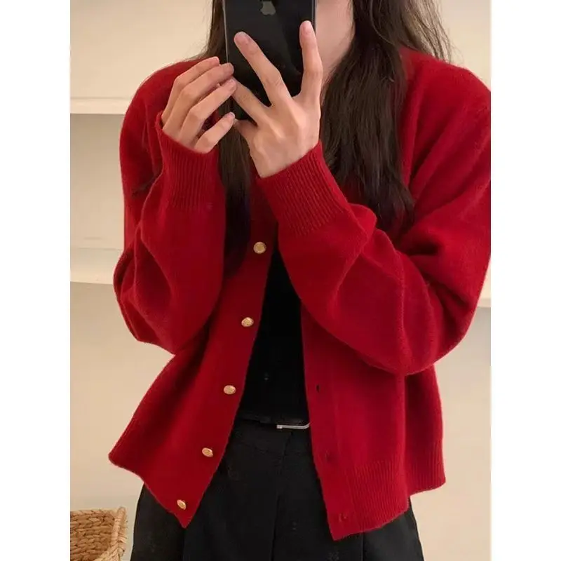 

Красный вязаный свитер, женский короткий кардиган, весенне-осенний модный вязаный топ с круглым вырезом и длинными рукавами, женский джемпер