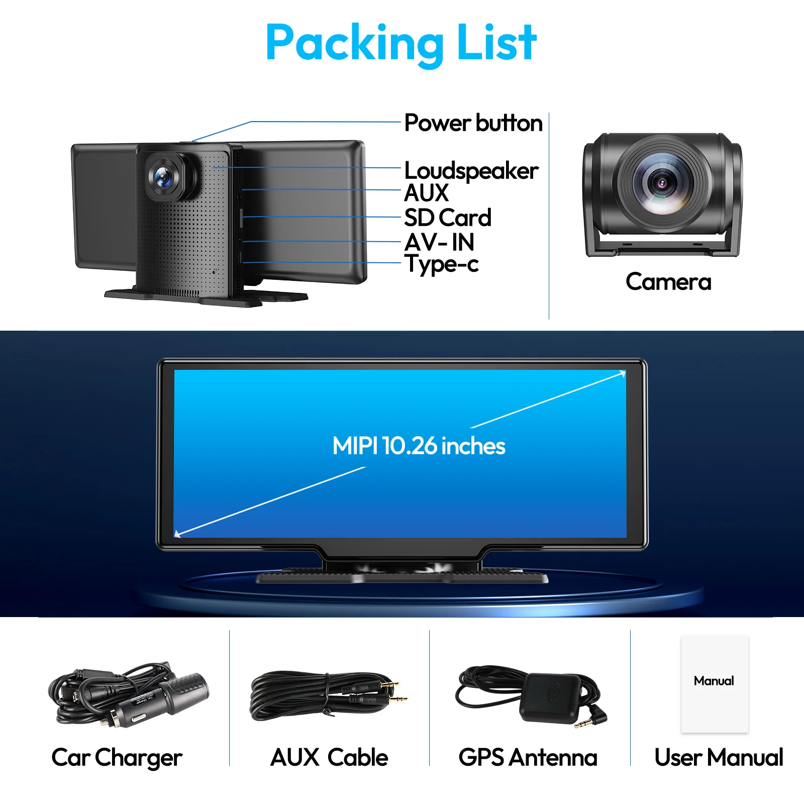 10" 4K Portable Dash Cam Portable Car Radio Apple CarPlay Android Auto +1080P Camera GPS