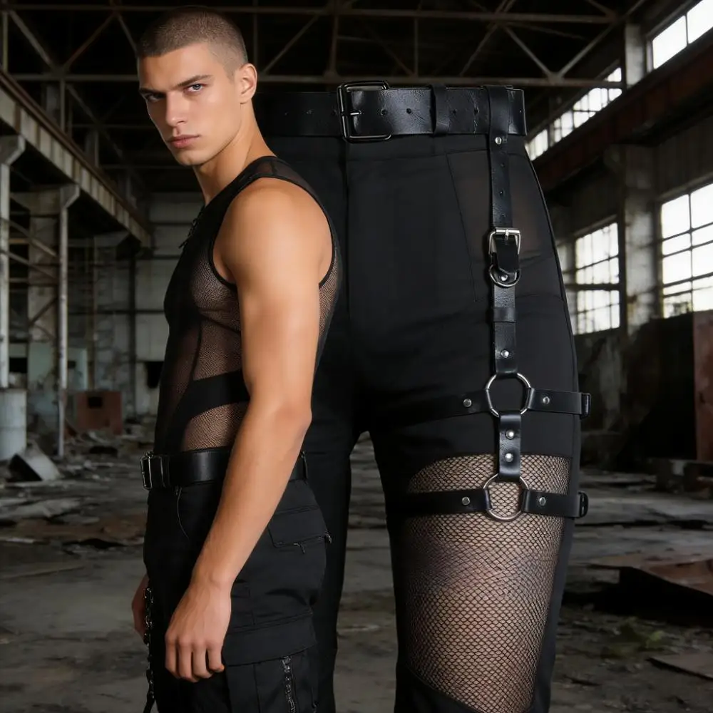 Men's Leather Punk Leg Harness, Harness Leg Garter Caged Thigh Garter Gothic Waist Belt for Rave Party Outfit