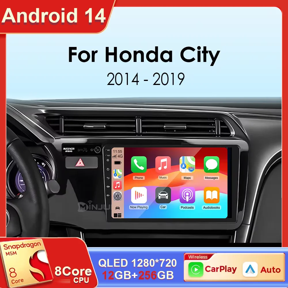 

for Honda City 2014 2015 2016 2017 2018 2019 Android 14 Qualcomm Car Radio GPS Navi QLED Screen Car Player WIFI BT 4G Head unit