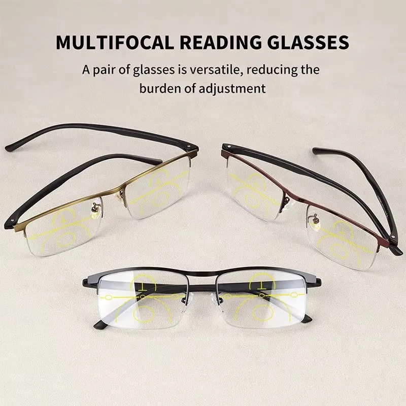 Multiple Colors Metal Half Frame Progressive Multifocal Reading Glasses Men Flexible Temples  Hd Anti Fatigue Eyeglasses