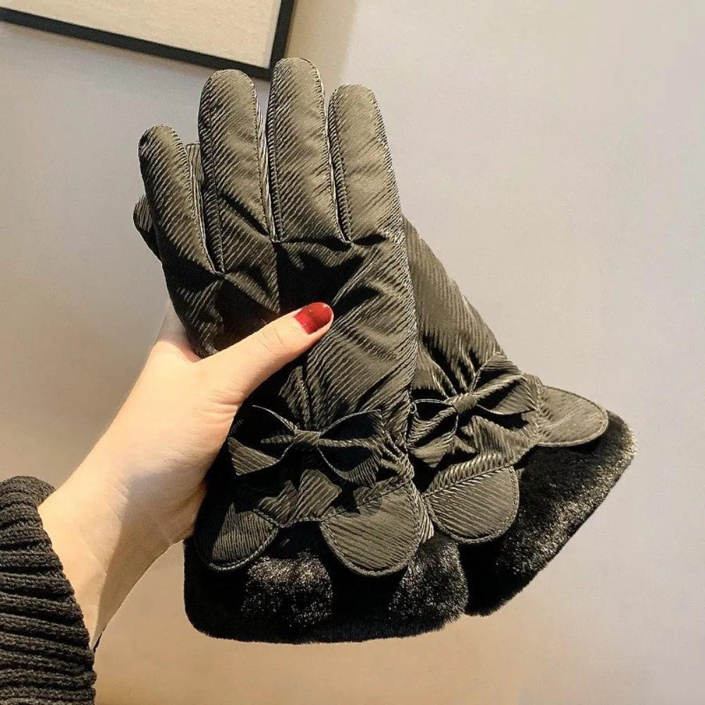 Durable Polyester Fleece Lined Winter Thermal Gloves Waterproof Warm Cold Weather Gloves Bow Decor Windproof Gloves For Driving