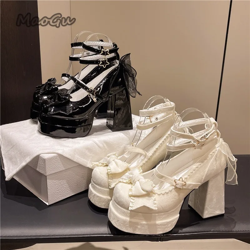

11CM High Heel Women's Mary Jane Shoes Star Ankle Strap Lolita Bow Sweet Pumps Leather Single Shoes Size 35-42 Zapatos De Mujer