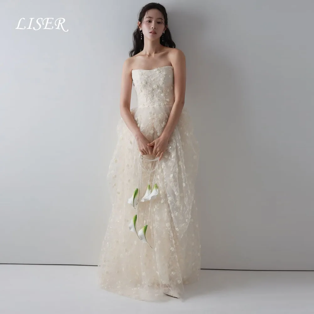 Liser Strapless A-Line Modern Korea Wedding Dresses Silk Lace Photo Shoot Customized Elegant Long Bridal Gown 웨딩드레스