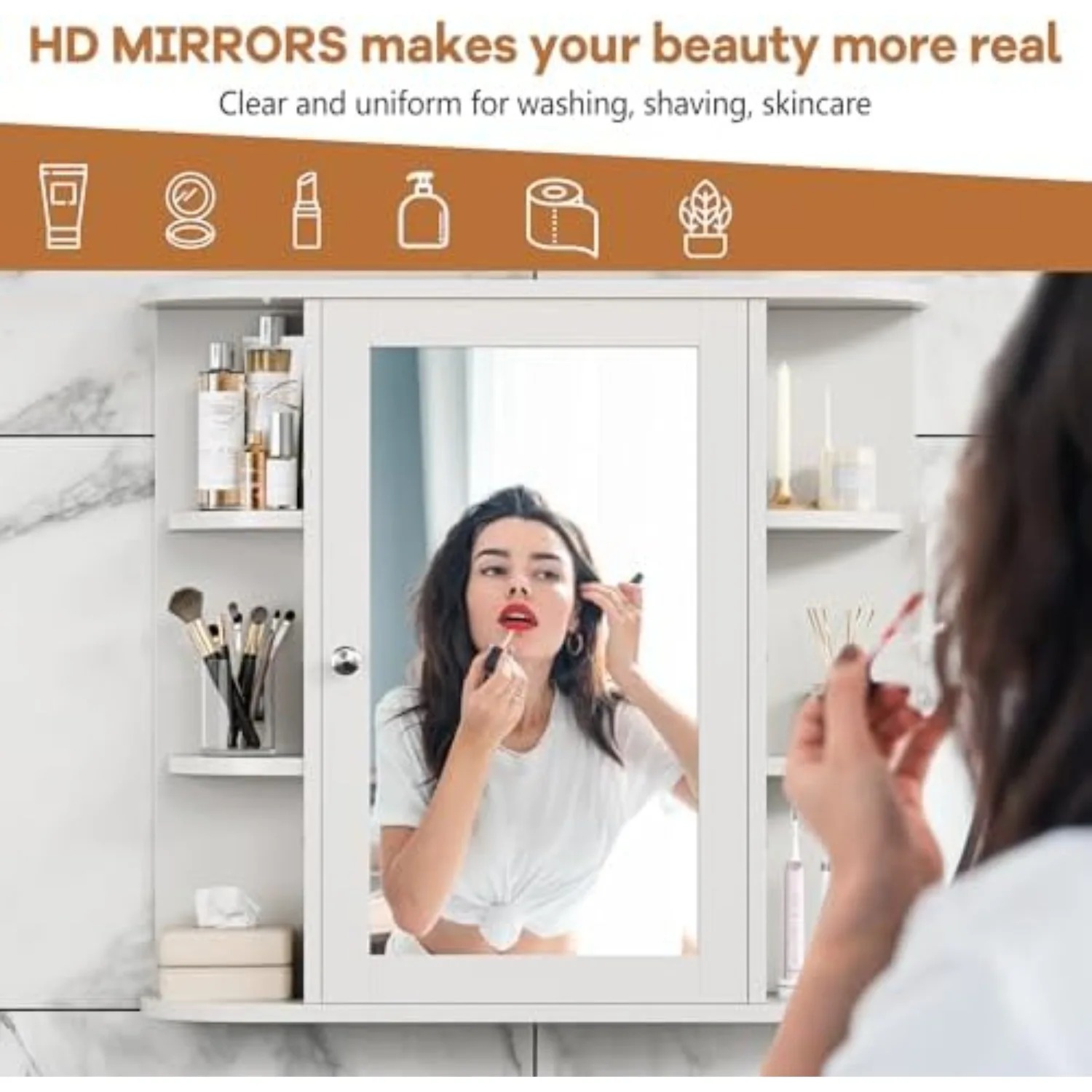 Bathroom Medicine Cabinet, Bathroom Mirror Cabinet Wall Mounted with 6 Side Open Shelves, White Wall Cabinet with view 4