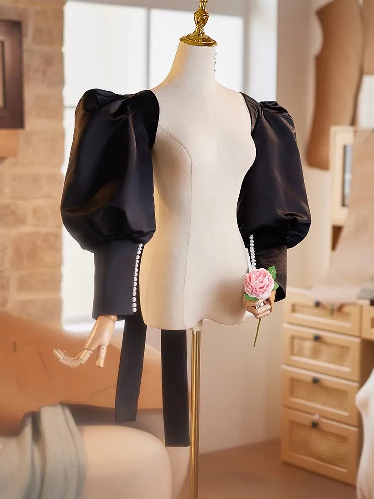Women's Designer Pearl Beaded Black Satin Arm Sleeve Female Vintage Photography Formal Dress Performance Party Glove R3214