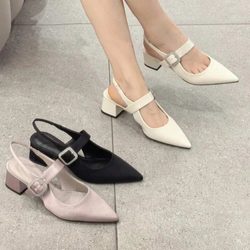 

2026 Summer Pointed Toe Crystal Women Sandals Fashion Slip On Singbacks Mules Thick Heels Party Stripper Mules Female Shoes