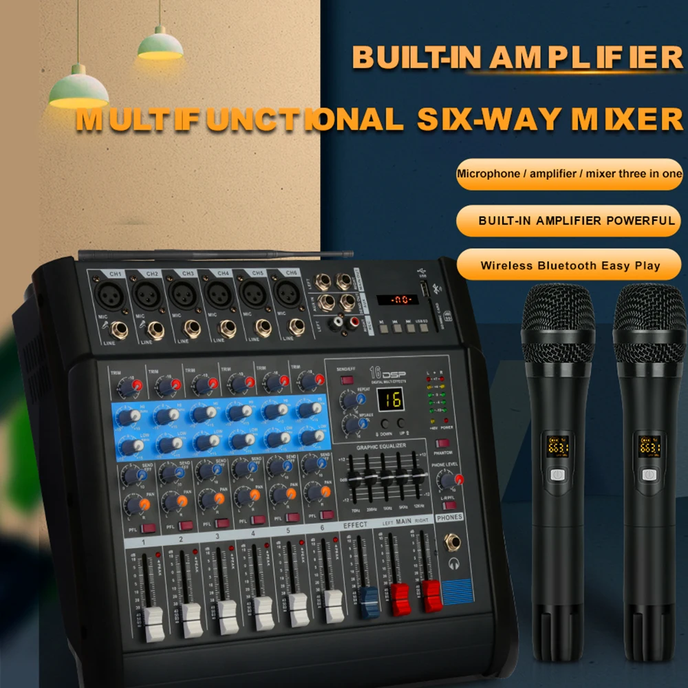 Biner GM7X Professional 350W+350W Audio Power Amplifier With 2 Wireless Microphones 6 Channel Powered Audio Mixer