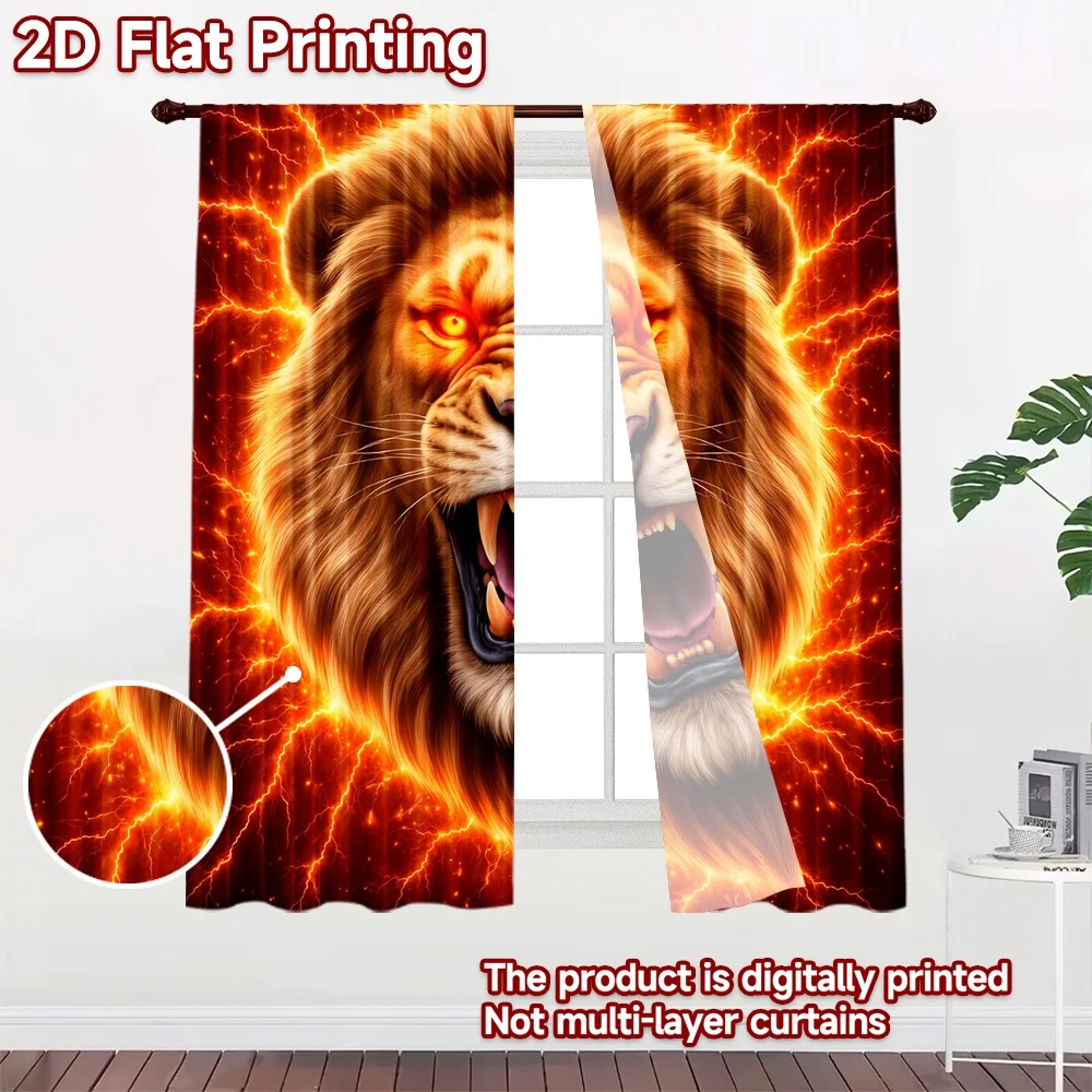 2D flat printing 2pcs Curtain Curtains Fiery Roaring Lion Digital Printed Polyester Drapes Holiday Decorations Use for Parties
