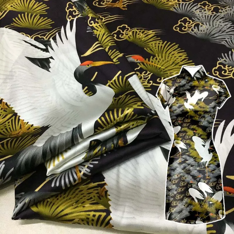 

Silk Fabric for Clothing High Quality Personality Auspicious Cloud Pine Crane Print Stretch Satin Mulberry Silk Cheongsam Fabric