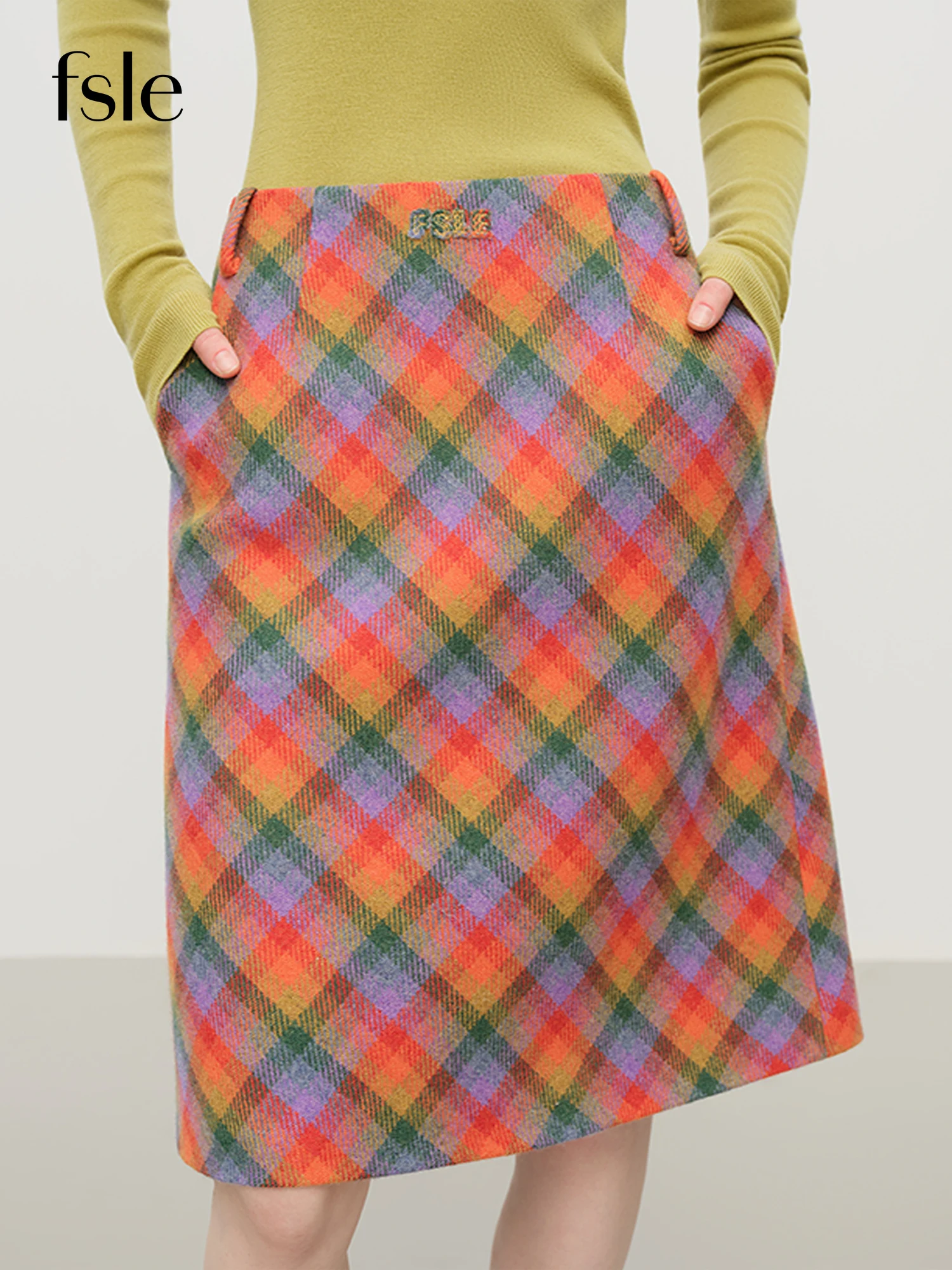 

FSLE Retro Rainbow Plaid A-line Skirt for Women Knee-length 2025 Autumn and Winter New Style Age-reducing Pocket Skirt