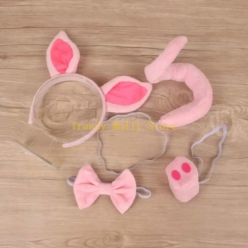 N5KB 1/4PCS Kids Animal Trang phục ưa thích đặt Pink Pig băng đầu mũi đuôi nơ
