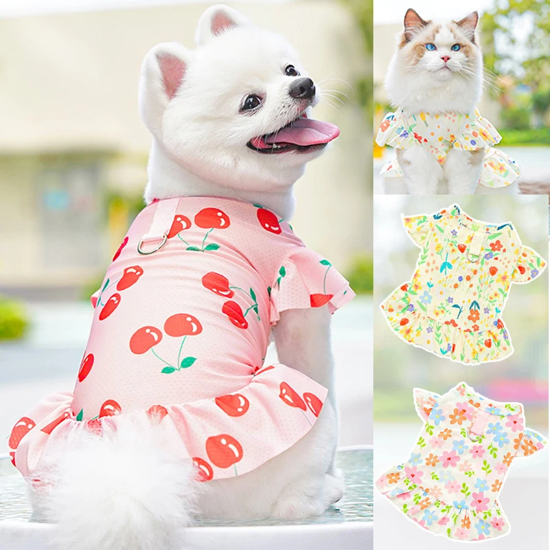 

Dog Dresses Summer Autumn Spring Dog Clothes Floral Pattern Princess Dog Cat Skirt Teddy Chihuahua Puppy Dress With Leash Buckle