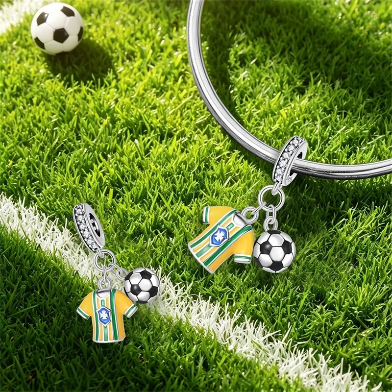 925 Sterling Silver Football Jersey Two-piece Set Charms Pendant Zircon Dangle Fit 3mm Original Bracelet DIY Women Party Jewelry