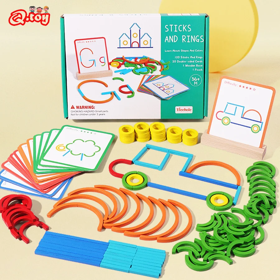 Children 3D Jigsaw Stick Rings Wooden Puzzle Game Montessori Educational Toys Kids Early Learning Shape Matching Color Cognition