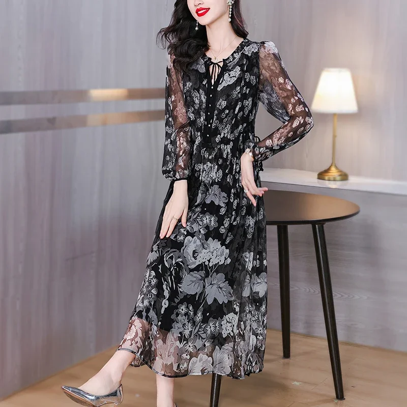 ฤดูร้อนหรูหราผ้าไหม Casual Midi ชุดสตรี Vintage Floral Elegant ชุดราตรีชุดราตรีฤดูใบไม้ผลิ Holiday Boho Hepburn Vestidos