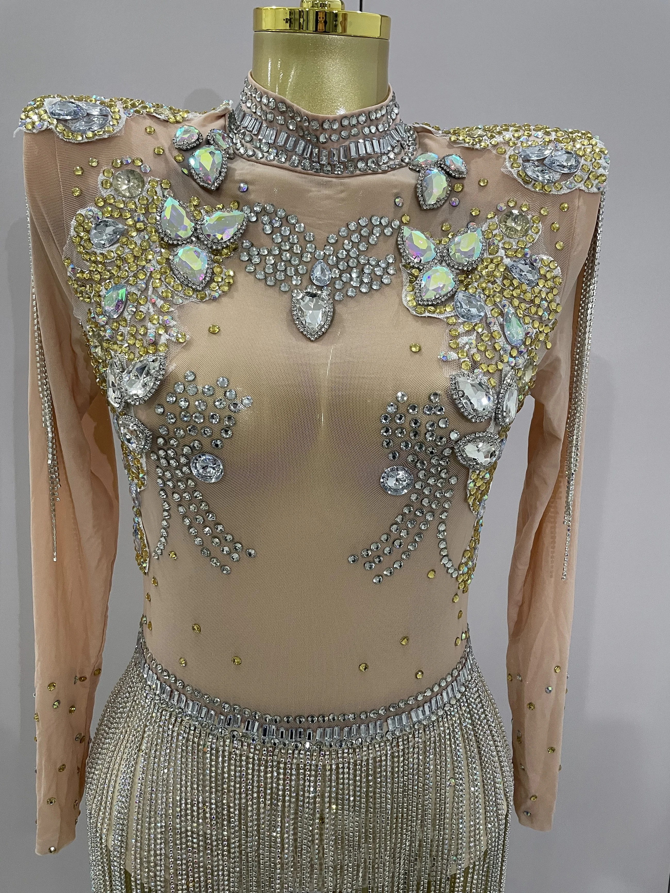 2025 新ファッション光沢のあるラインストーンタッセルボディスーツセクシーなメッシュダイヤモンドステージショージャンプスーツ女性ナイトクラブ誕生日パーティードレス