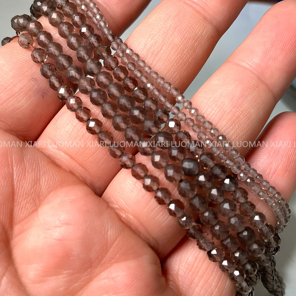 Fine 100% Natural Stone Beads Faceted Smoky Quartz Loose Round Gemstone For Jewelry Making DIY Bracelet Necklace Charm 2-4mm