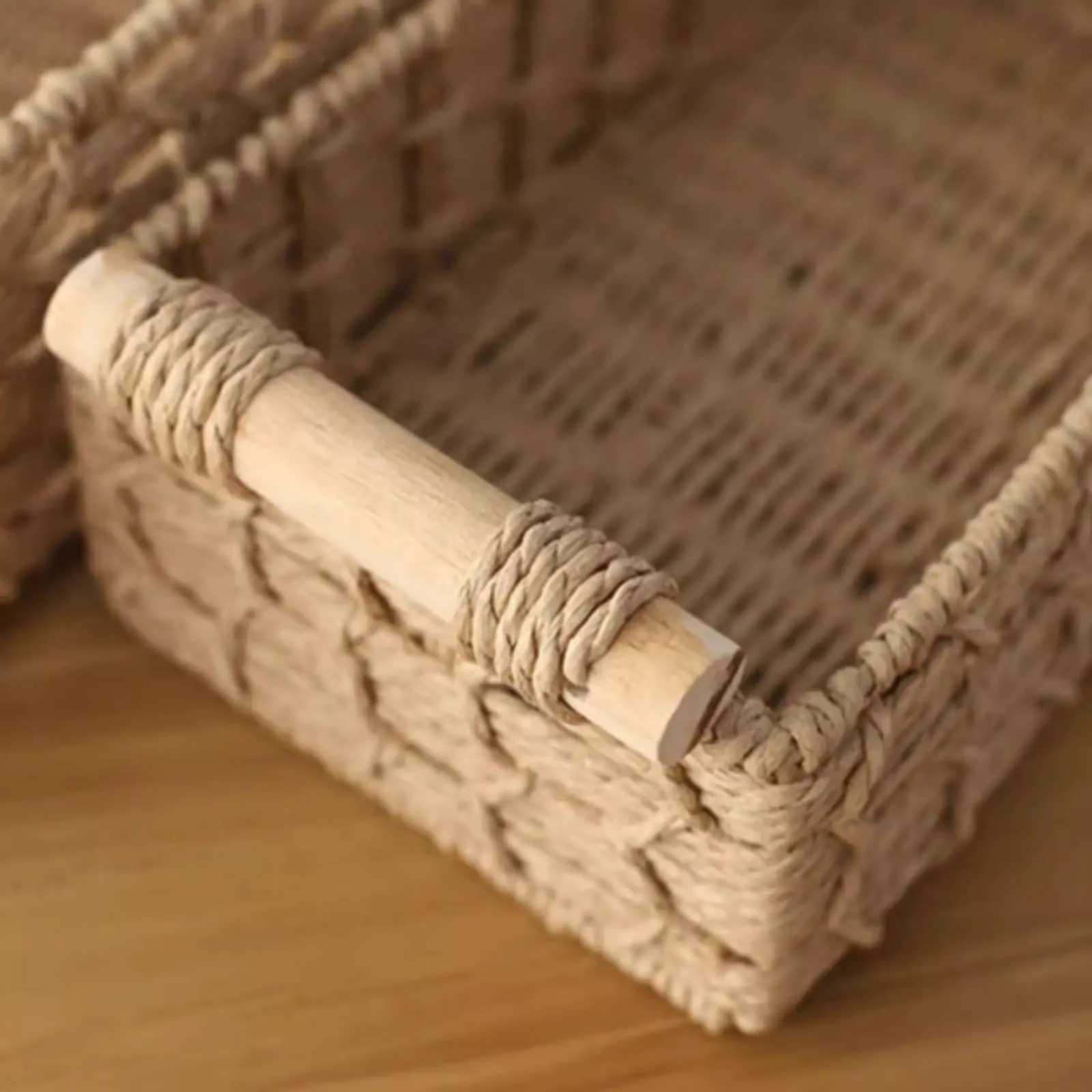 2 Pieces Paper Rope Basket with Handles Wood Handle Basket Decorative Long-Lasting Wire Frame for Entryway, Bathroom