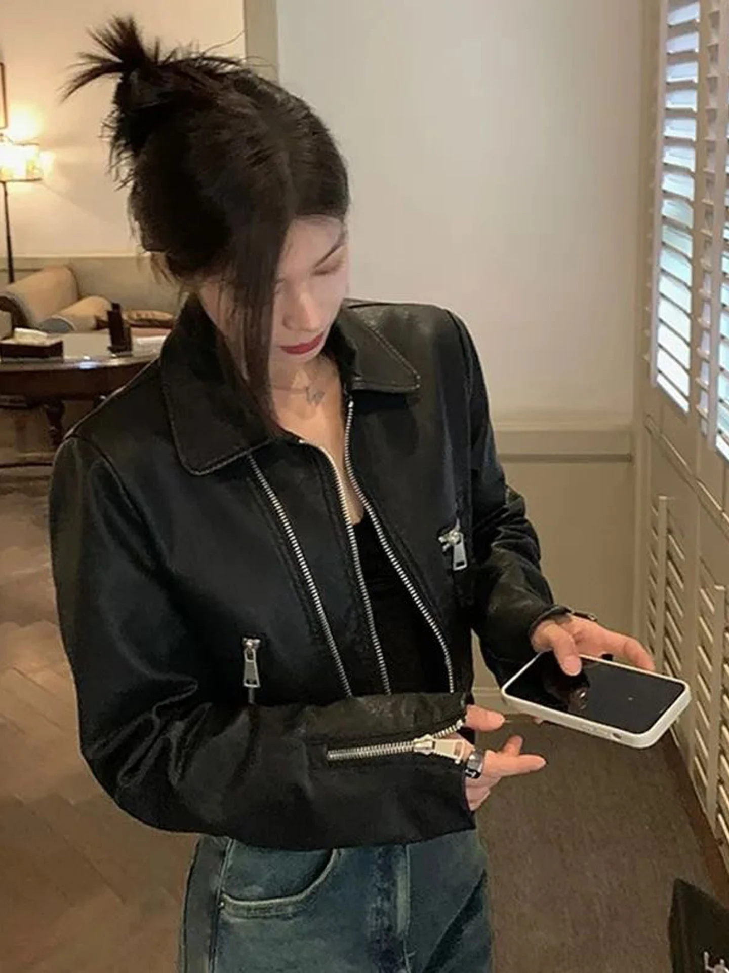 Black Short PU Leather Biker Jacket Women's Fashion Retro Design Sensation American Style Trendy Coat Autumn New Arrival