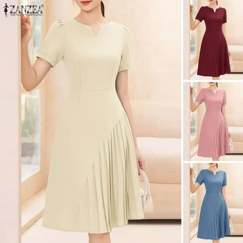2026 Sommerkleid ZANZEA Elegantes Damen V-Ausschnitt Kurzarm-Sonnenkleid Lässiges Einfarbiges Arbeitskleid Knielang Stilvolle Plissierte Kleider