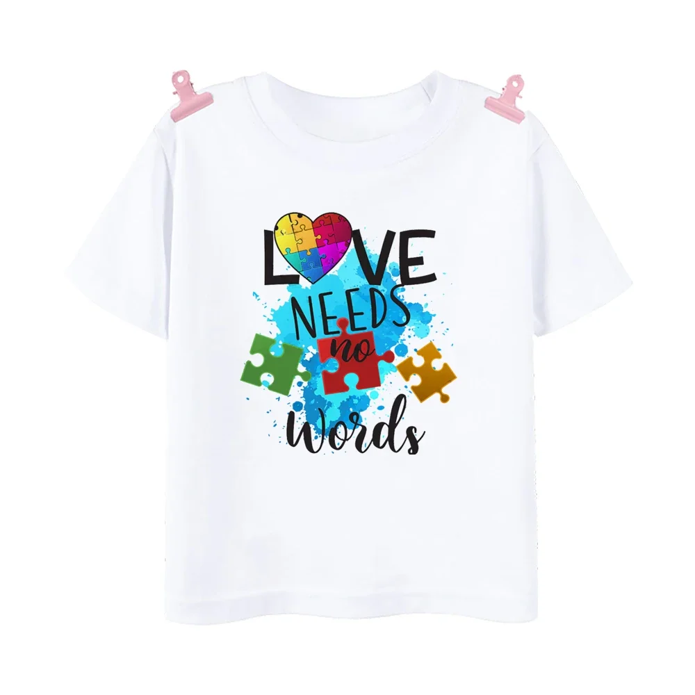 

Love Need No Words Print T-shirt kids Autism Awareness Shirt Autism Kids TShirt Puzzle Piece Autism T Shirt Gifts for Children