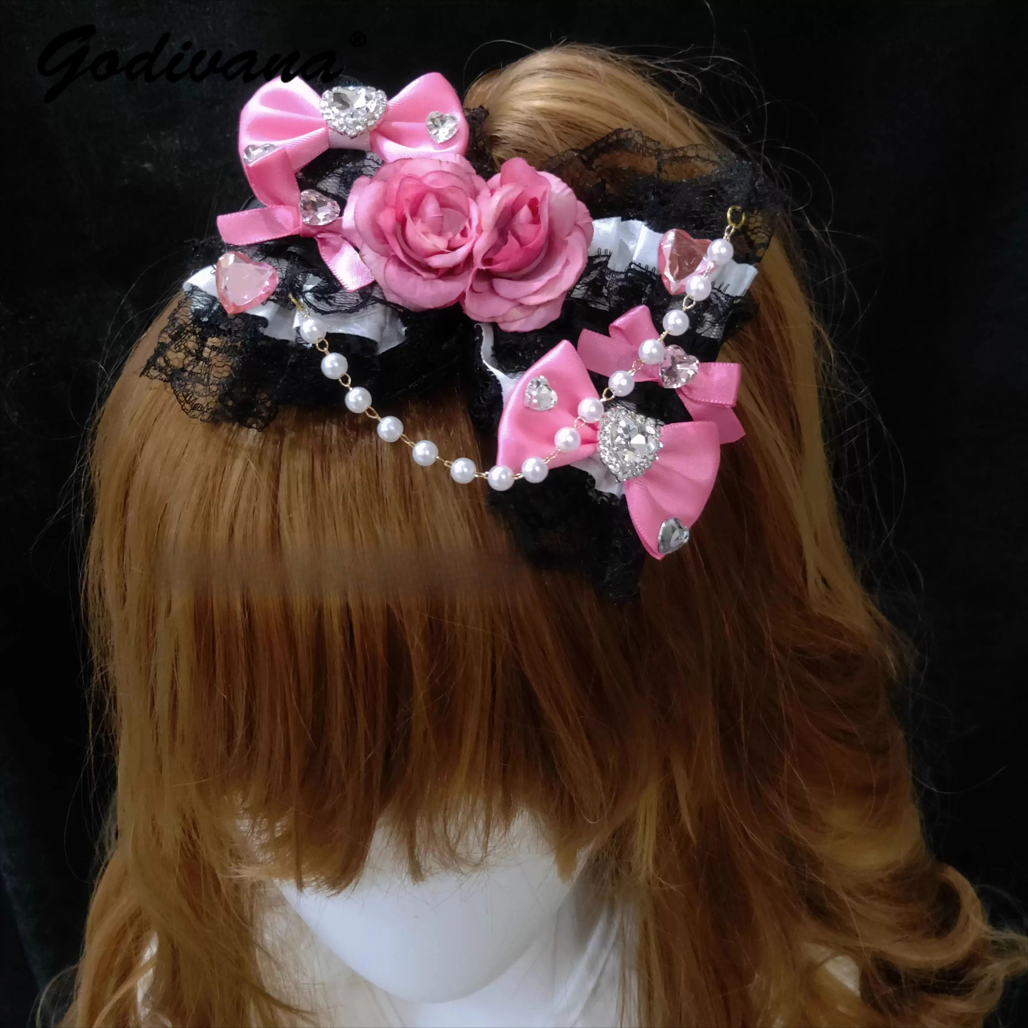 

Vintage Mars Style Princess Lace Rose Flower Chain Hairpin Lolita Hair Accessory Girl Women's Pink Hairband Big Hair Clips