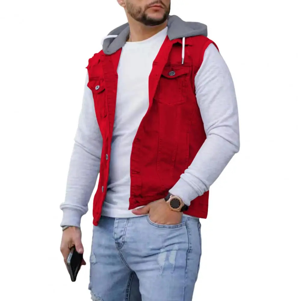 Men Hooded Vest Denim Patchwork Streetwear Autumn Winter Single Breasted Drawstring Waistcoat for Daily Wear