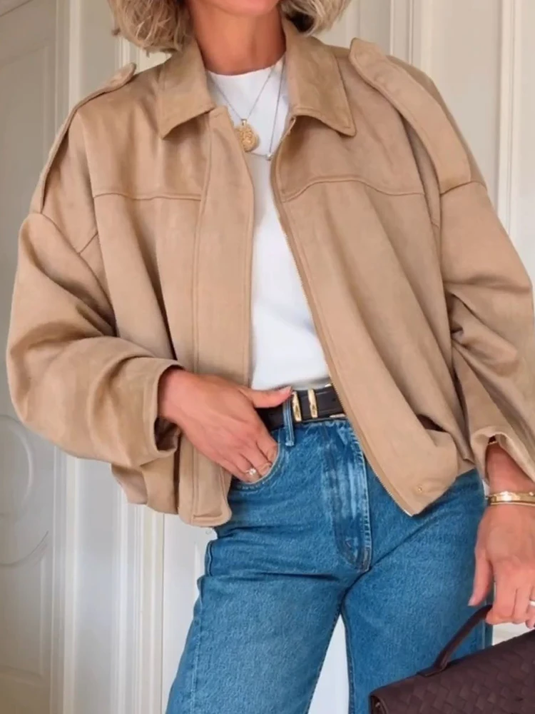 

New Long Batwing Sleeve Fashion Jackets, Women Spring Autumn Simple Turn-Down Collar Coats, 2025 Zipper Patchwork Chic Outerwear