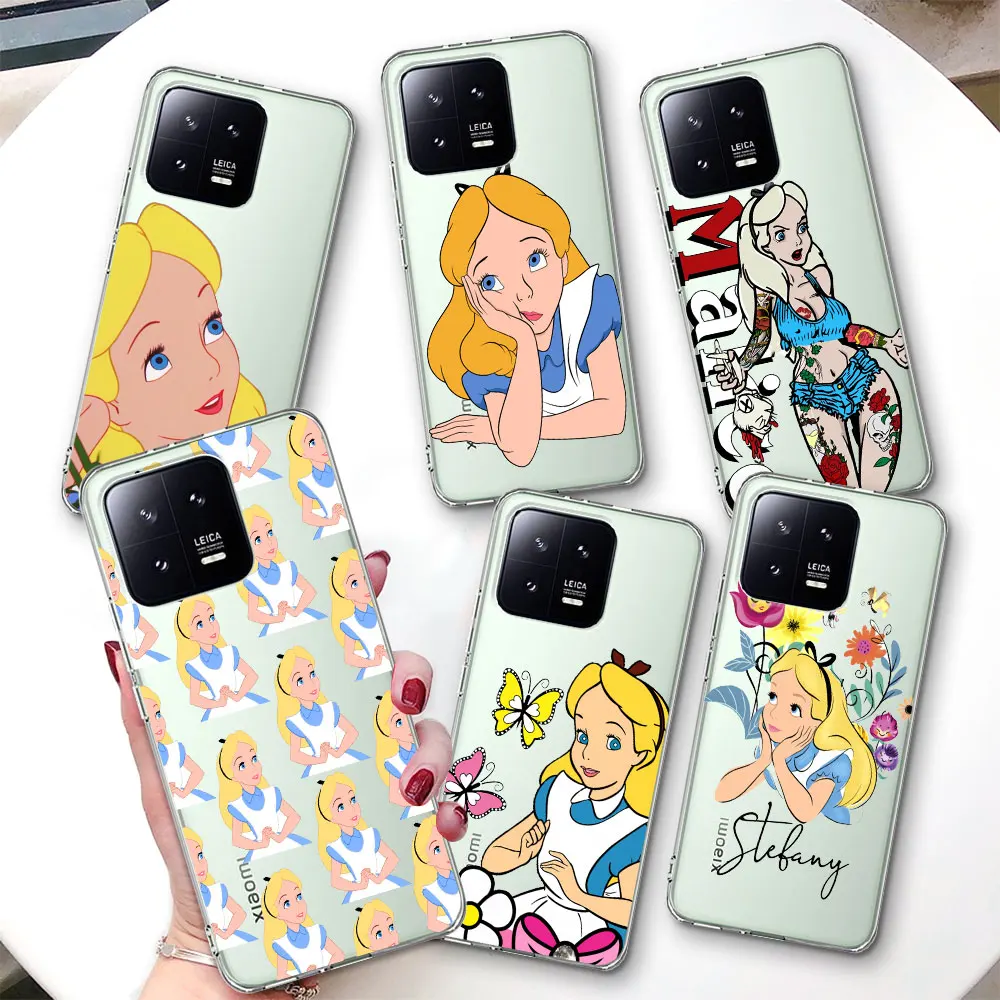 Transparent Case for Xiaomi Mi 11T 13 11 10T 8 9 CC9 A3 CC9E 11i 12 12X A1 8 9T Pro 10 Lite Soft Phone Cover Alice Cute Disney