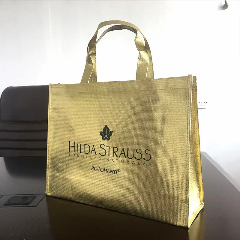 50x Custom LOGO Printed Metallic Silver Gold Shinny Fabric Tote Bag Large Non-Woven Shopping Gift Bags for Party Wedding Favors