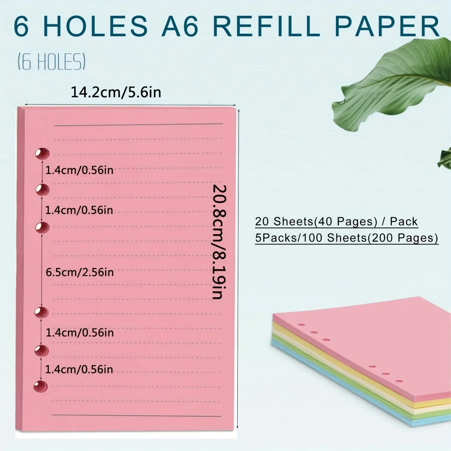 1Pack Of 100 Sheets(200 Pages)A6/A5 Colorful Refill Paper,5 Colors Thick Refillable Paper 6 Hole Filler Inserts Loose Leaf Paper