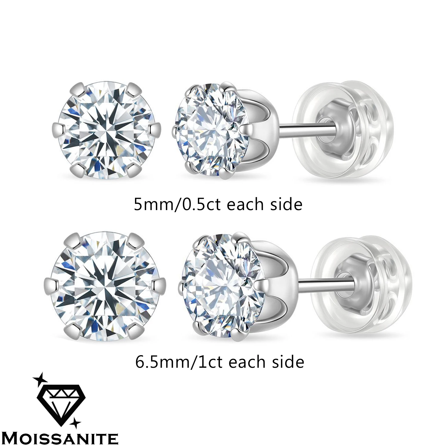 OZAN Real Moissanite S925 Sterling Silver Earrings Stud 6 Prongs Yellow Gold Plated Classic Fashion Gemstone Jewelry for Women