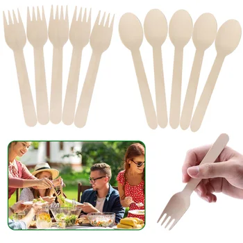 50pcs Disposable Wooden Fork Spoon Picnic Party Tableware Household Kitchen Dinner Supplies Dessert Cake Travel Portable TMZ