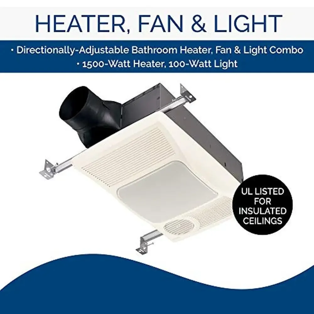 Adjustable Bath Fan Heater Light Combo 100CFM Quiet Operation 1500W HVI Certified White Plastic Construction Wall Switches Sold