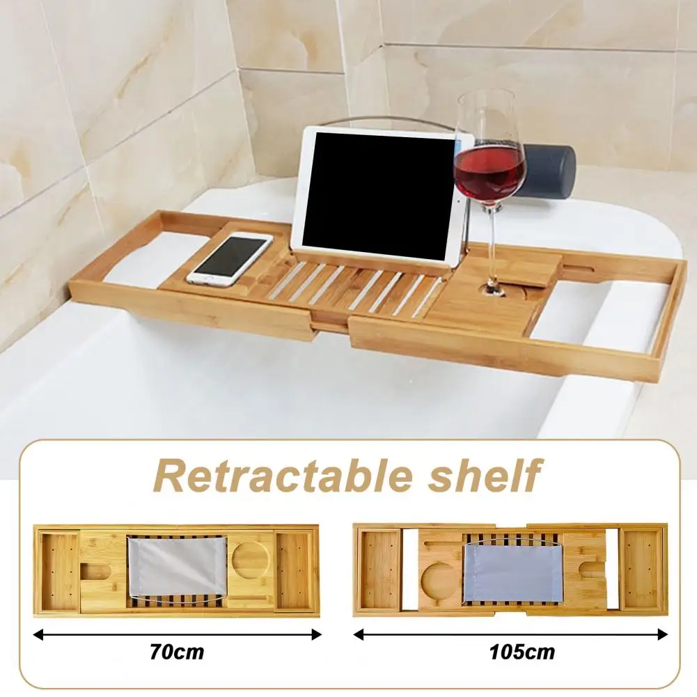 Bamboo Bath Tray with Wine Glass Holder Non-Slip Handle Adjustable Bath Shelf Multi-functional Book Stand Bathroom Organizer