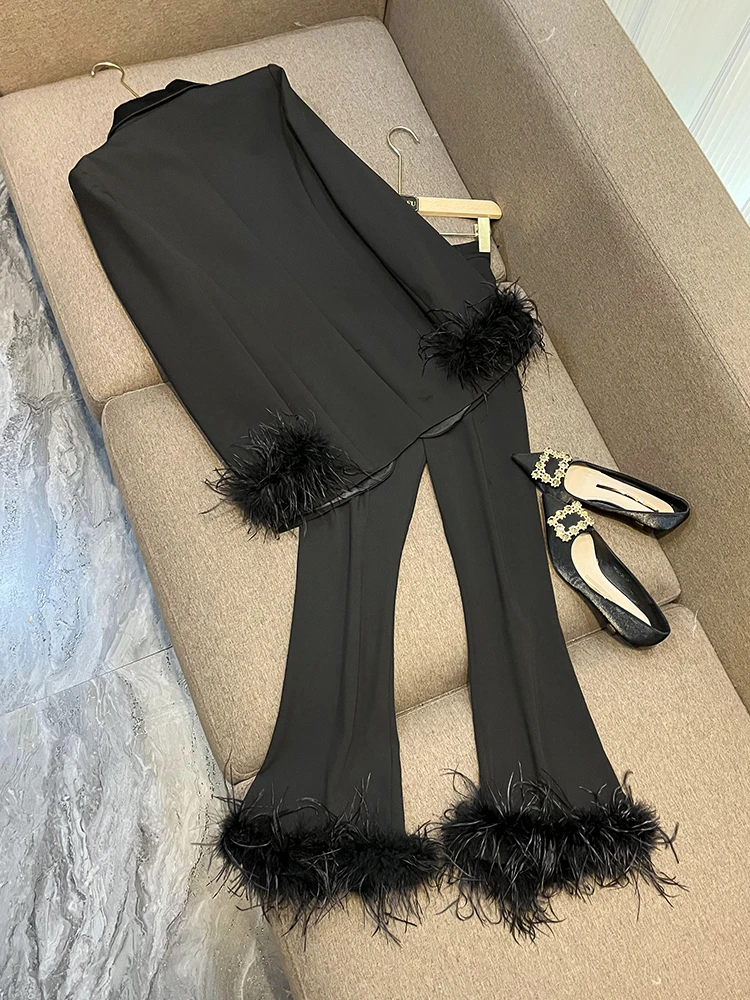 Imagem -02 - Conjunto de Terno Designer Avestruz Cetim e Cabelo para Mulheres High Street Runway Blazer Colarinho Patchwork Calça e Calça Moda Mais Nova 2024