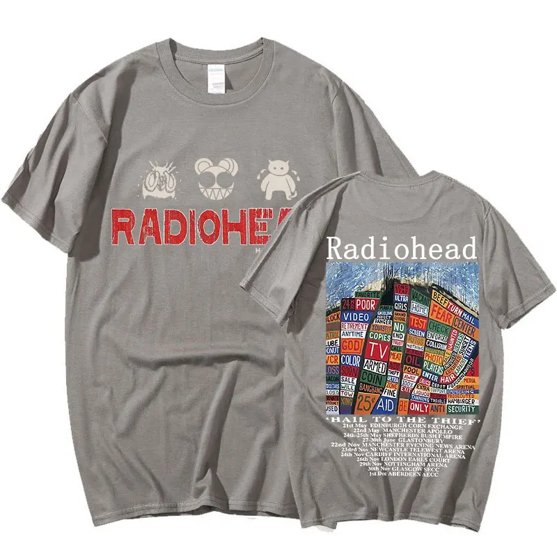 Radiohead Vintage Print T Shirt Men\'s Oversized 100% Cotton Unisex T-shirts Hip Hop Rock Band Hail To The Thief Music Album Tees