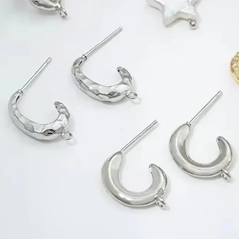 14K Gold-Encrusted C-Shaped Stud Earrings with Diamond Face Lava Design 925 Silver Needle Handcrafted DIY Earring Material
