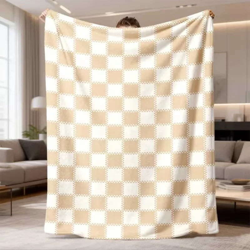 Beige Check Plaid Throw Blanket Soft Warm Blanket for Bed Couch Travel Farmhouse Home Decor Blanket