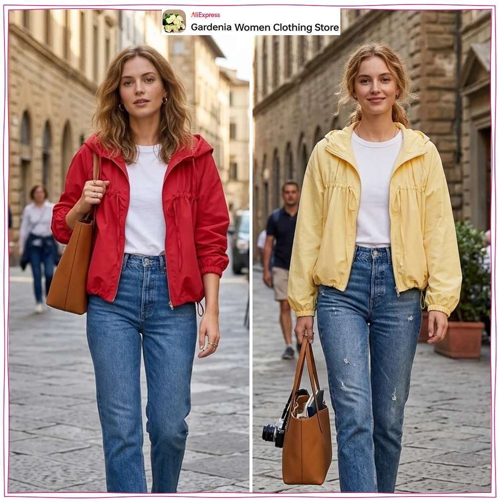 Spring & Autumn Casual Women Hooded Jackets with Ties and Elastic Drawstring Hem Fashion Nylion Zipper Jackets with Side Pockets
