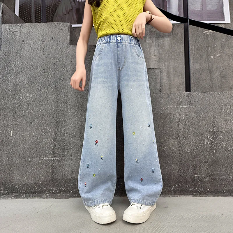 

Children Girls Trousers Autumn Teenager Girls Flower Embroidery Straight Leg Pant Junior Girls Loose Elastic Waist Denim Pant