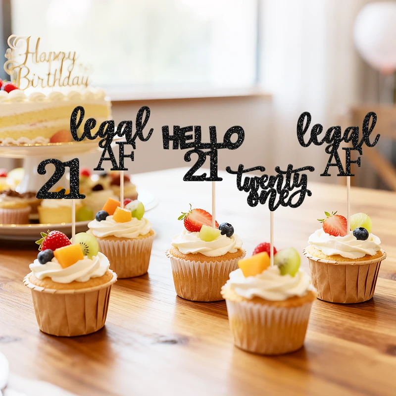 YOMDID 24 Stück glitzernde Cupcake-Topper zum 21. Geburtstag, Cupcake-Picks „Hello 21 Legal Af and Twenty One“-Designs, Kuchendekorationen