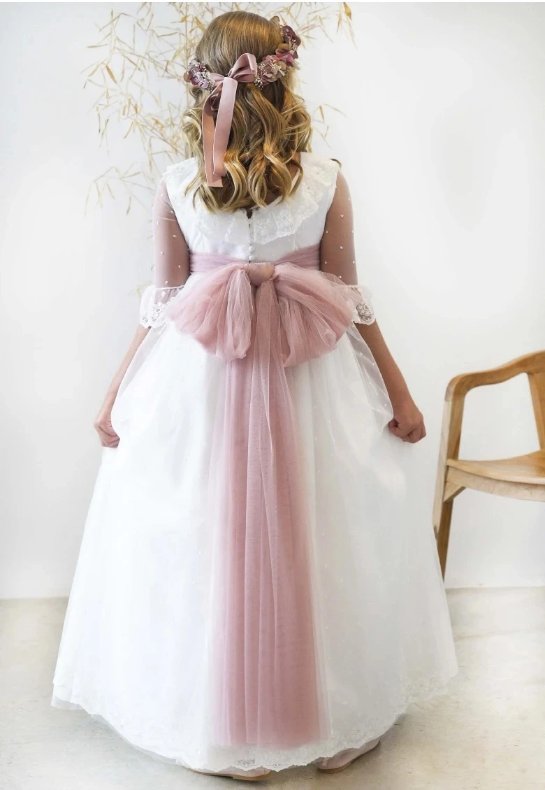 Vestidos de encaje blanco de media manga para niña, faja con lazo, apliques de tul, vestido largo para fiesta de boda, cumpleaños, primera comunión