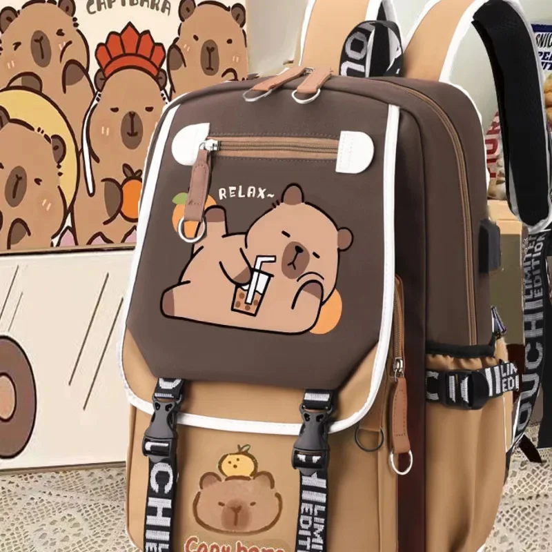 Cute Animal Capybaras Printed Teenage Bookbag Nylon Fashion Student Schoolbag Youth Travel Bag Shoulder Bag Girl Boy Gifts