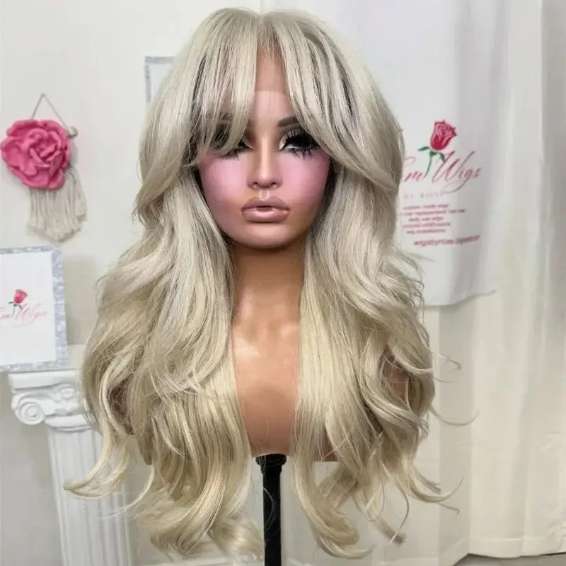 White Wig Body Wave Lace Front Wig with Bangs 13x4 HD Lace Frontal Wig Pre Plucked Synthetic High Quality Daily Party For Women